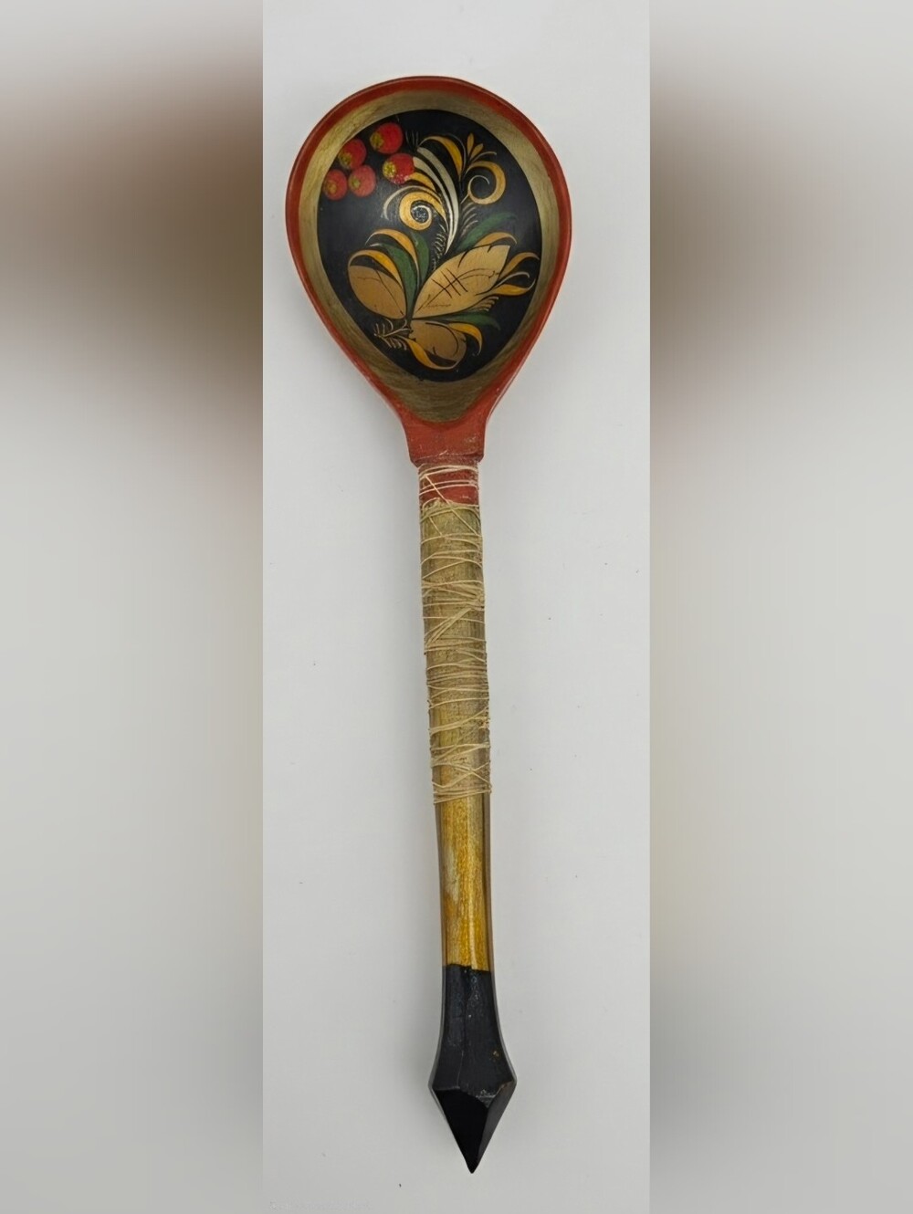 Vintage Russian Hand Painted Wooden Spoon 7.25" Folk Art Khokhloma Style Floral
